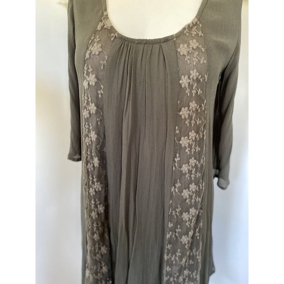 World Market Grey Mini Flare Dress Tunic Women S/M Lace Accents Long Sleeve Vtg - Picture 7 of 16